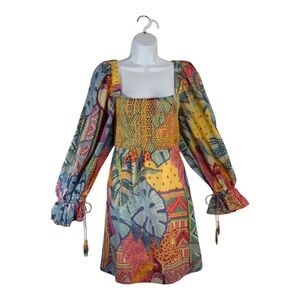 FARM Rio Summer Tapestry Smocked Palm Leaf Dress Sz S